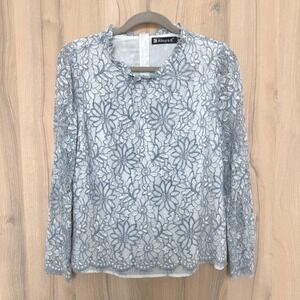 Womens Lace Top Size M Blue Floral Ruffle Mock Neck Victorian Romantic Cottage